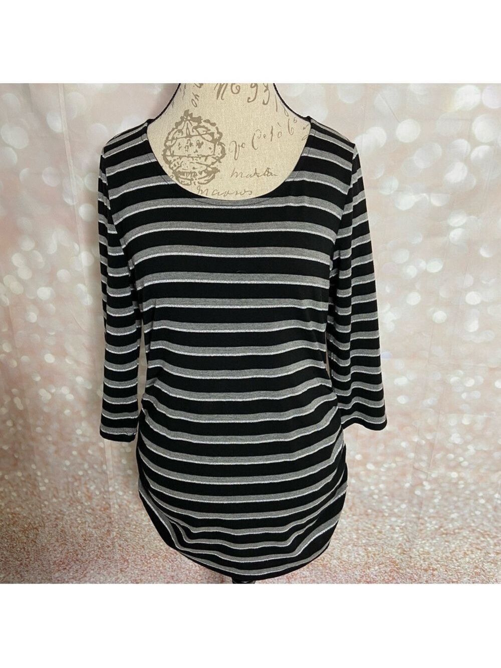 Massini Black and Gray Striped Long Sleeve Top Large